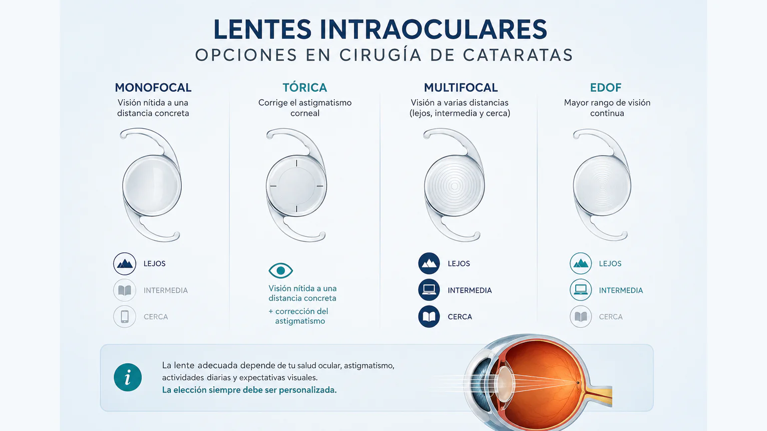 Infografía comparativa de lentes intraoculares para cirugía de cataratas