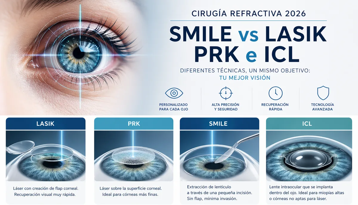 Cirugía refractiva en 2026: diferencias entre SMILE, LASIK, PRK e ICL