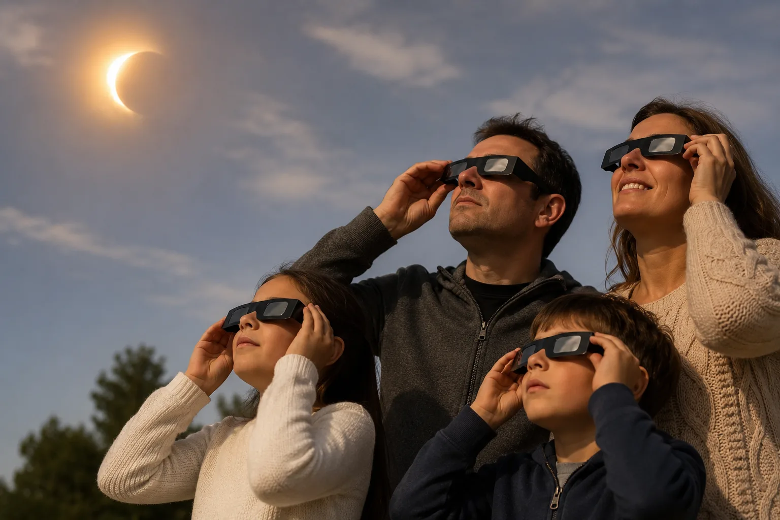 Familia observando un eclipse solar con gafas de protección homologadas