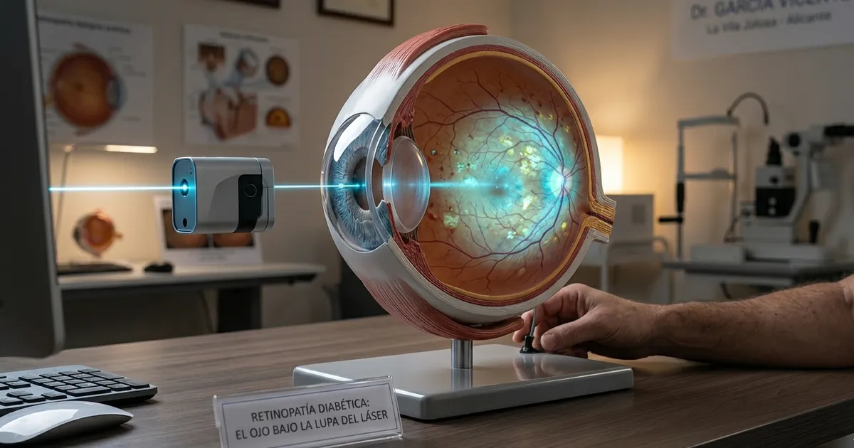 Revisión oftalmológica de retina en paciente con diabetes.