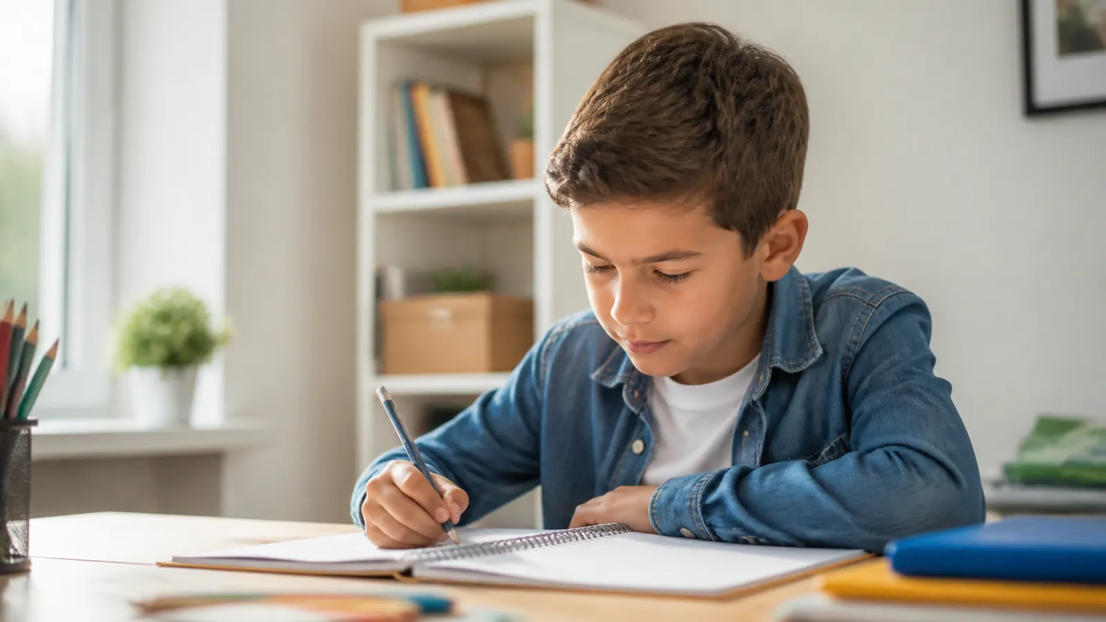 Niño leyendo un cuaderno durante la revisión de sus hábitos visuales antes de la vuelta al colegio